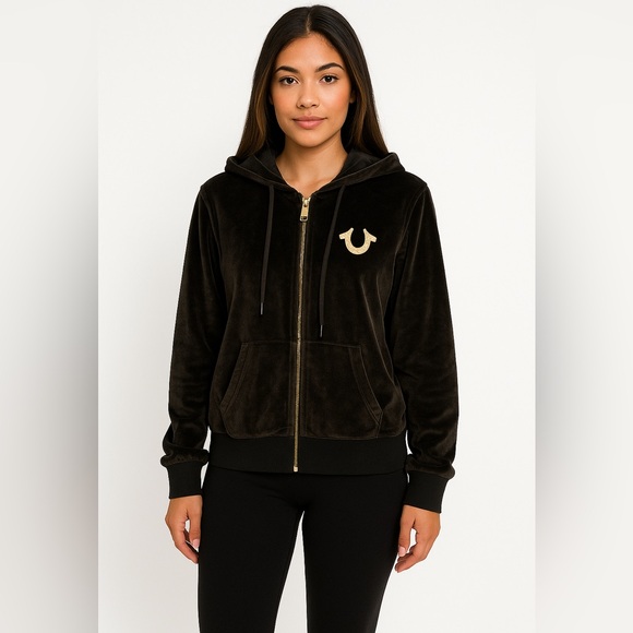 Women's True Religion Brown Velour Full Zip Hoodie Jacket Stitched Logo size Med - Picture 1 of 10